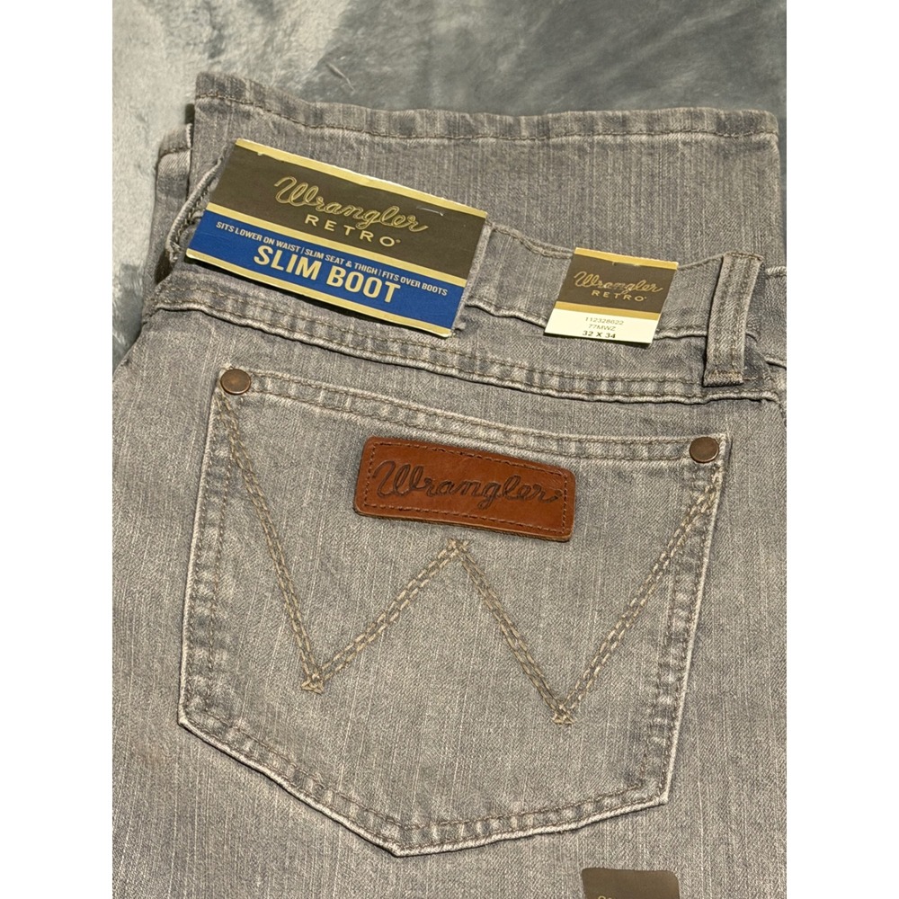 Wrangler Retro Slim Boot Jeans Mens 32x34 Grey Stretch Denim 77MWZ New